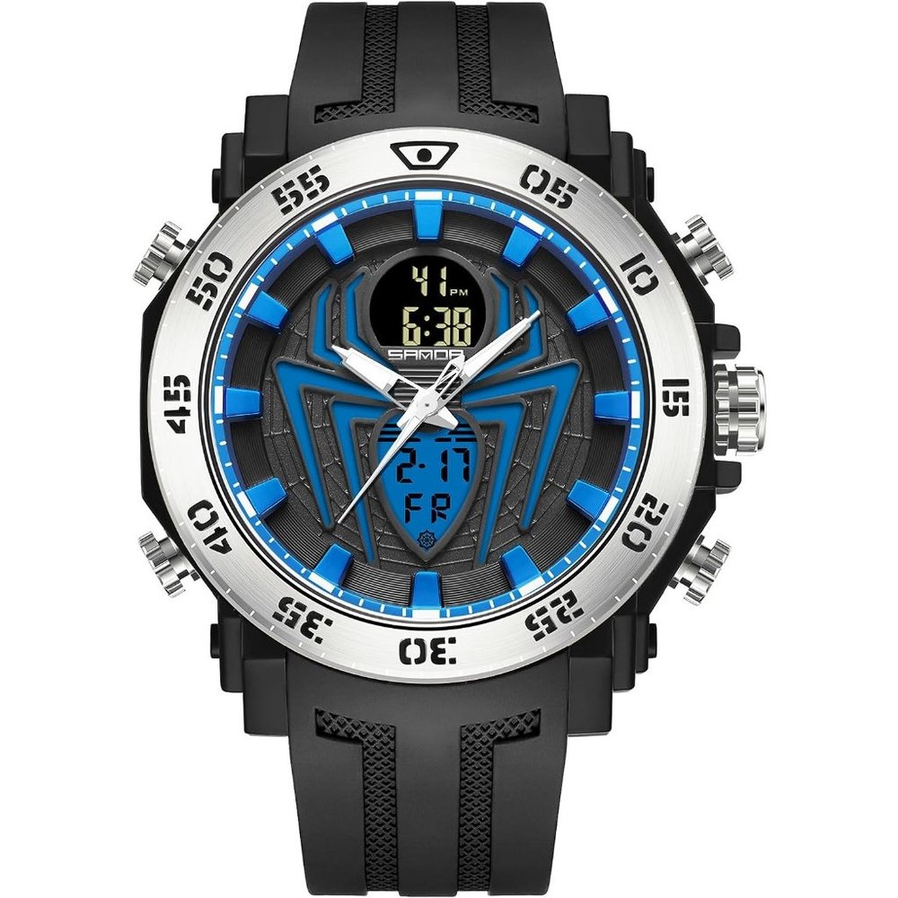KXAITO Men's Black and Blue LED Stopwatch Digital Electronic Large Dual Watch